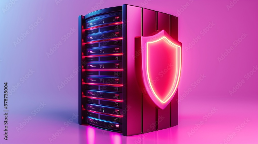 Poster futuristic server with neon shield, symbolizing cybersecurity and data protection in a modern digita