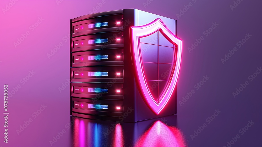 Aufkleber futuristic server with neon shield highlighting data protection and cybersecurity in a vibrant digit
