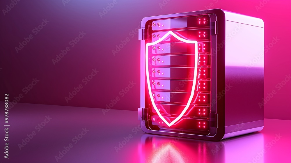 Poster futuristic server with neon shield, representing data protection and security in a high-tech environ