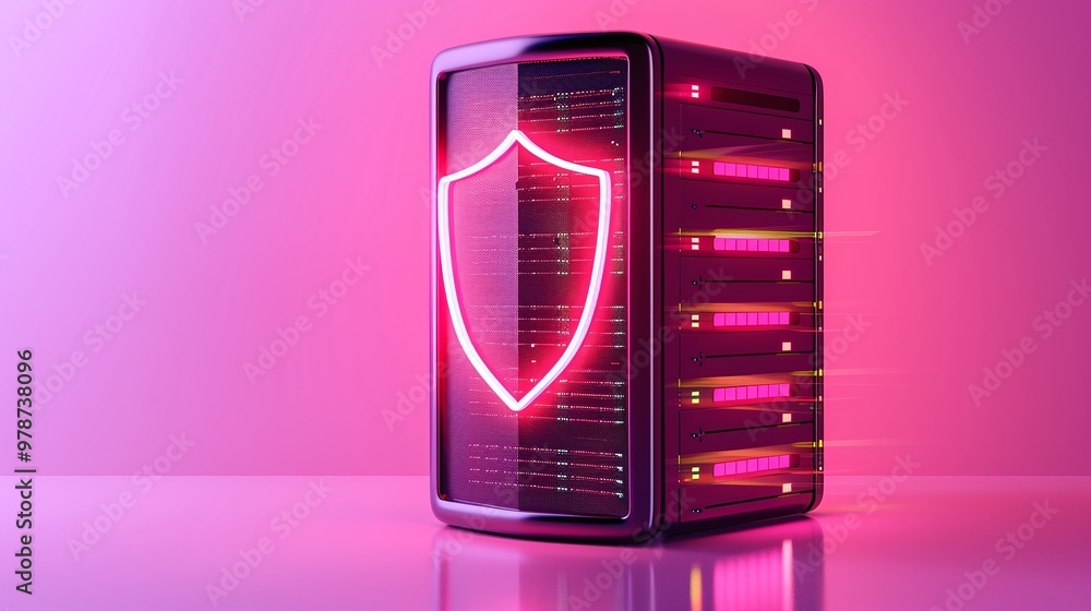 Poster futuristic server with neon shield symbol, representing data protection and cybersecurity in a vibra