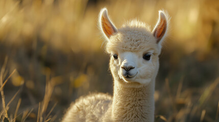 Obraz premium cute white alpaca baby portrait in golden grass field