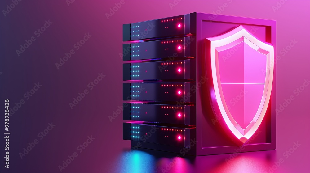 Poster futuristic server with shield design symbolizing data protection and cybersecurity in vibrant neon c