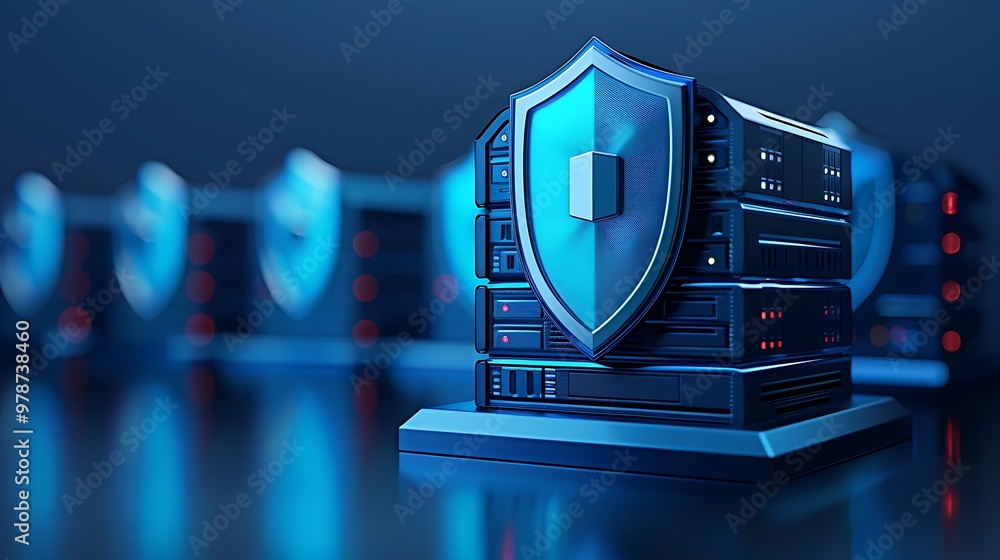 Poster futuristic server with shield icon, symbolizing data security and protection in a digital environmen
