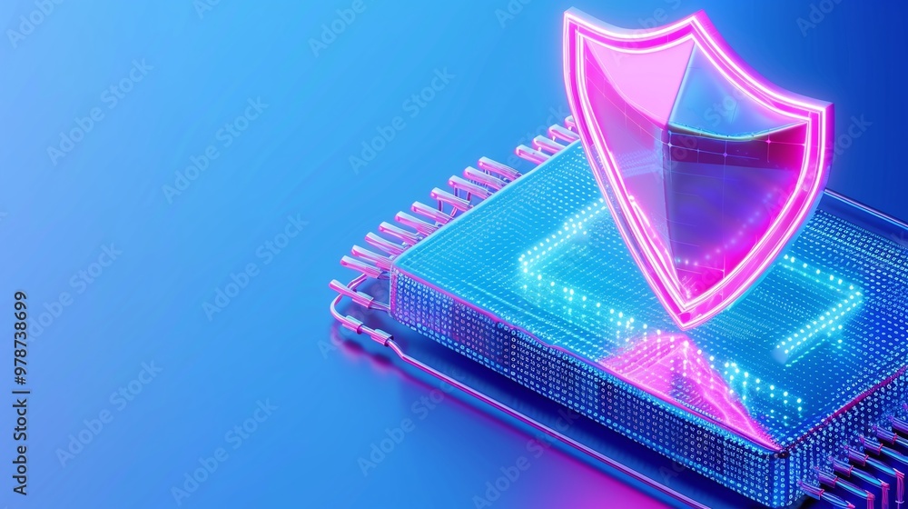 Poster futuristic shield design representing cybersecurity and data protection on a digital microchip backg