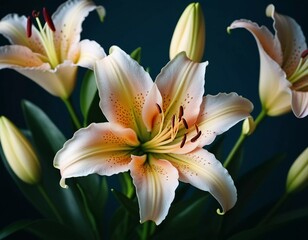 Obraz premium A cluster of white lilies is beautifully arranged, highlighting intricate patterns on petals. The dark background enhances their elegance and vibrancy, creating a striking composition. Generative AI