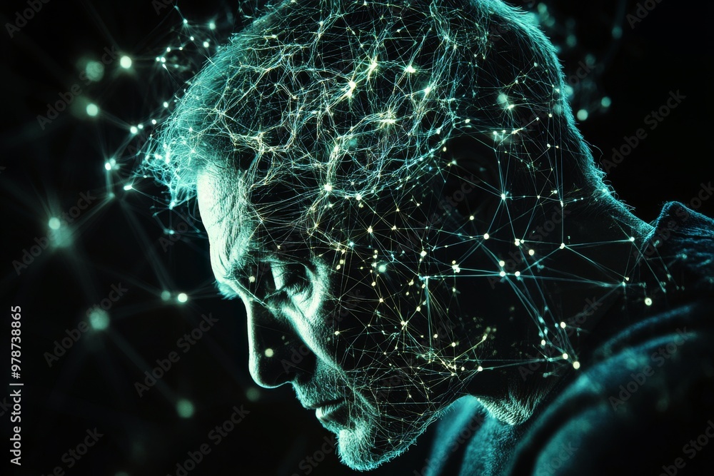 Poster elderly man in profile view with glowing neural connections symbolizing intelligence memory and the 