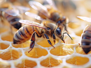 A close-up photo of bees working on honeycomb frames inside a hive