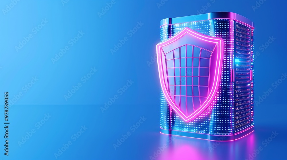 Sticker futuristic shield design with neon lights, symbolizing security and protection in a digital world.