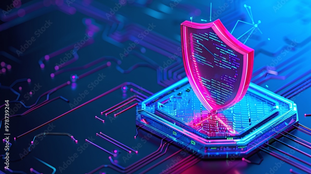 Poster futuristic shield icon on a circuit board, symbolizing digital security and protection in technology