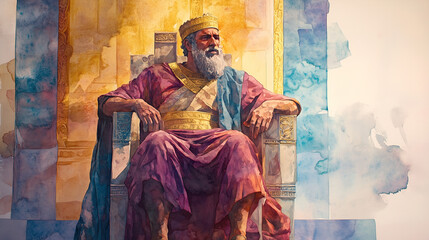 watercolor illustration of King Solomon sits on the throne