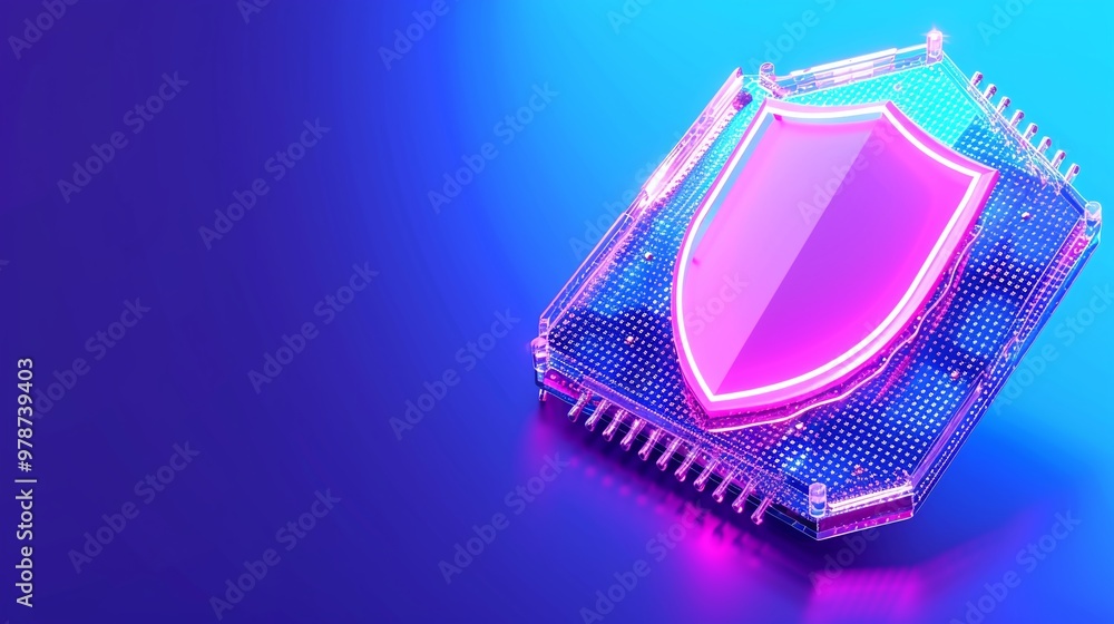 Poster futuristic shield icon on a microchip with vibrant neon colors. ideal for technology and cybersecuri
