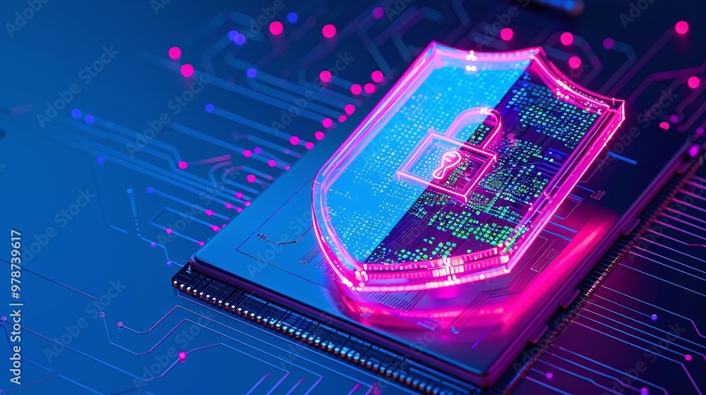 Poster futuristic shield overlay on microchip, showcasing digital security and technology innovation in a v