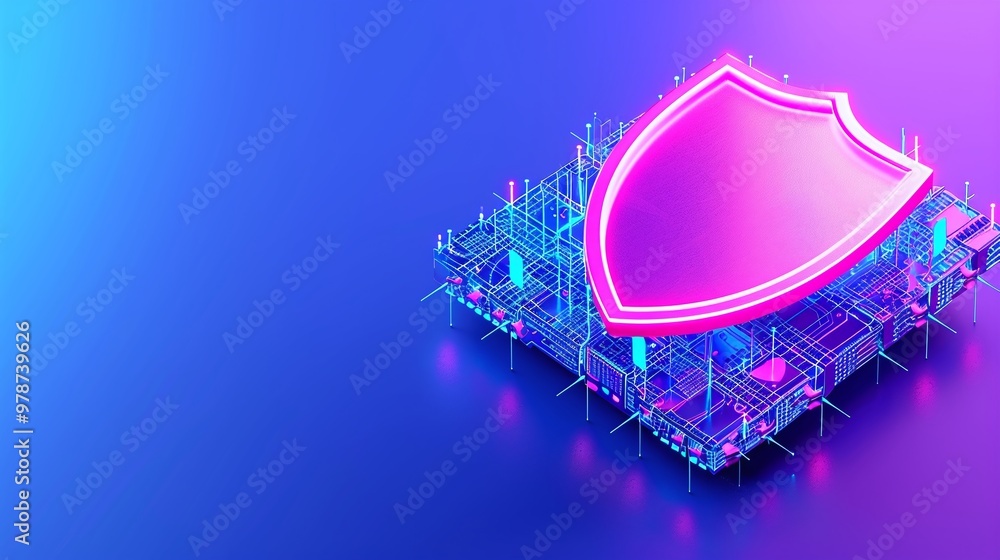 Poster futuristic shield illustration representing cybersecurity, digital protection, and secure networking