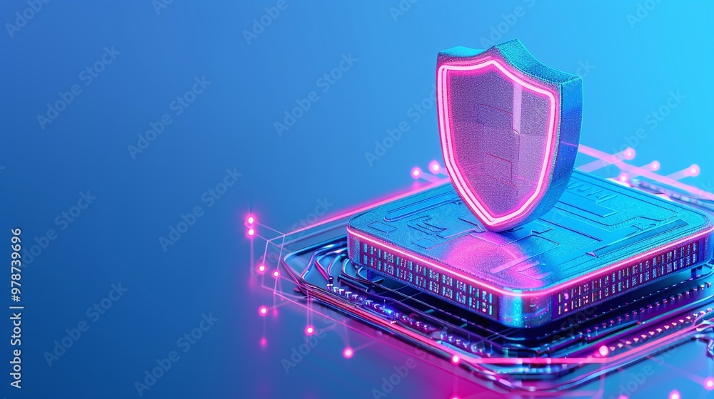 Poster futuristic shield symbol on a digital circuit board representing cybersecurity and data protection i