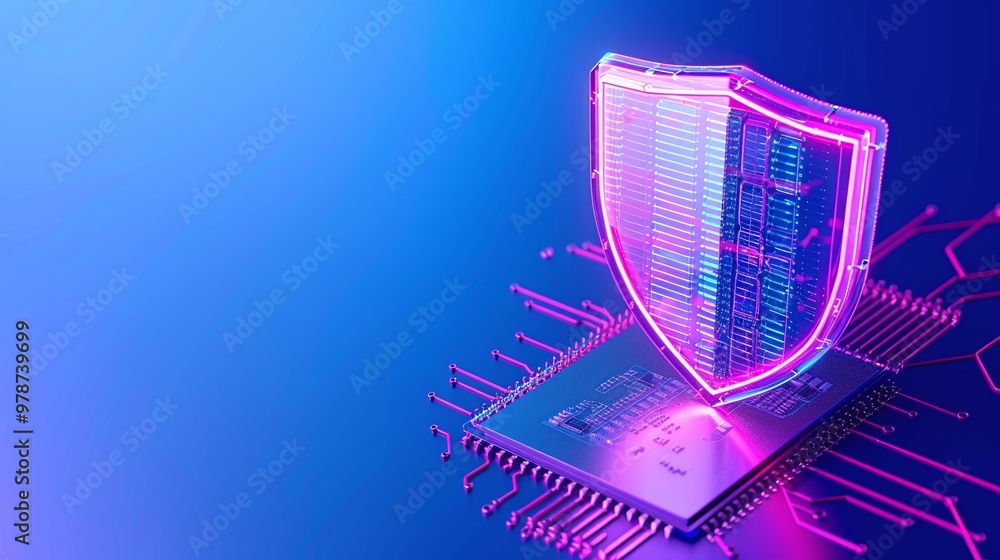 Poster futuristic shield symbol on a microchip, representing cybersecurity and data protection in a vibrant