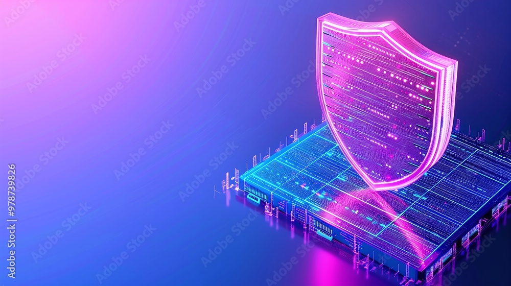 Poster futuristic shield symbol representing cybersecurity and data protection on a digital platform with v