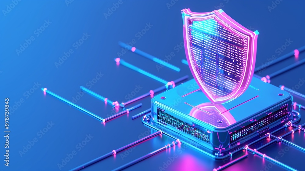 Poster futuristic shield symbol representing cybersecurity on a digital background with glowing circuitry a