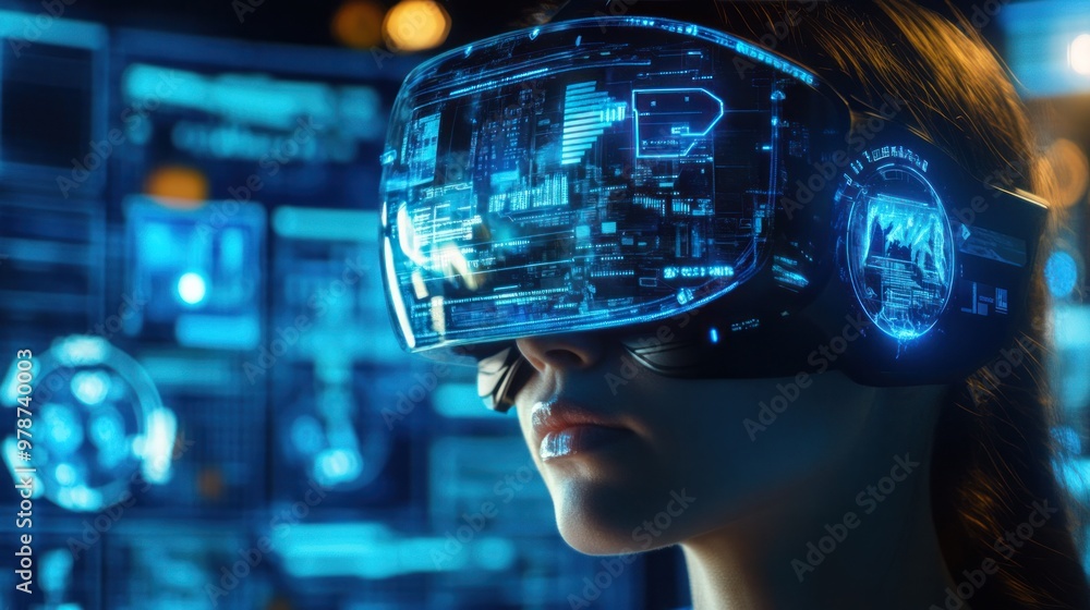Poster a close-up of a vr interface, showing holographic controls and digital avatars in a virtual world
