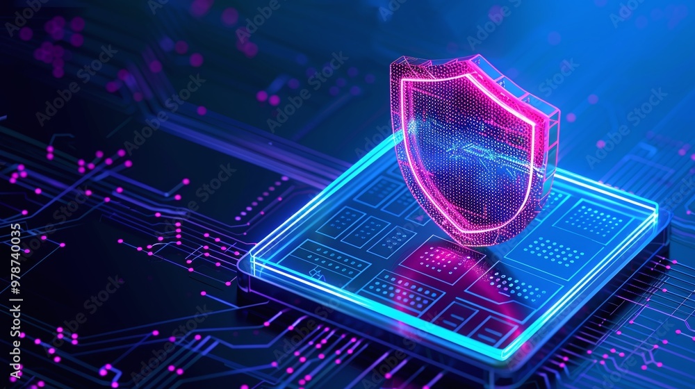 Poster futuristic shield symbolizing cyber security on a digital circuit board, representing data protectio