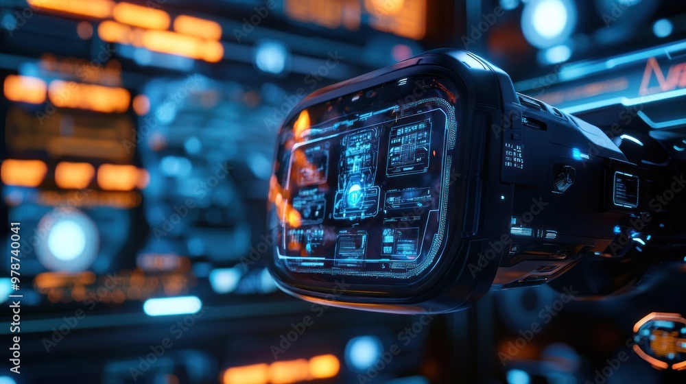 Poster a close-up of a vr interface, showing holographic controls and digital avatars in a virtual world