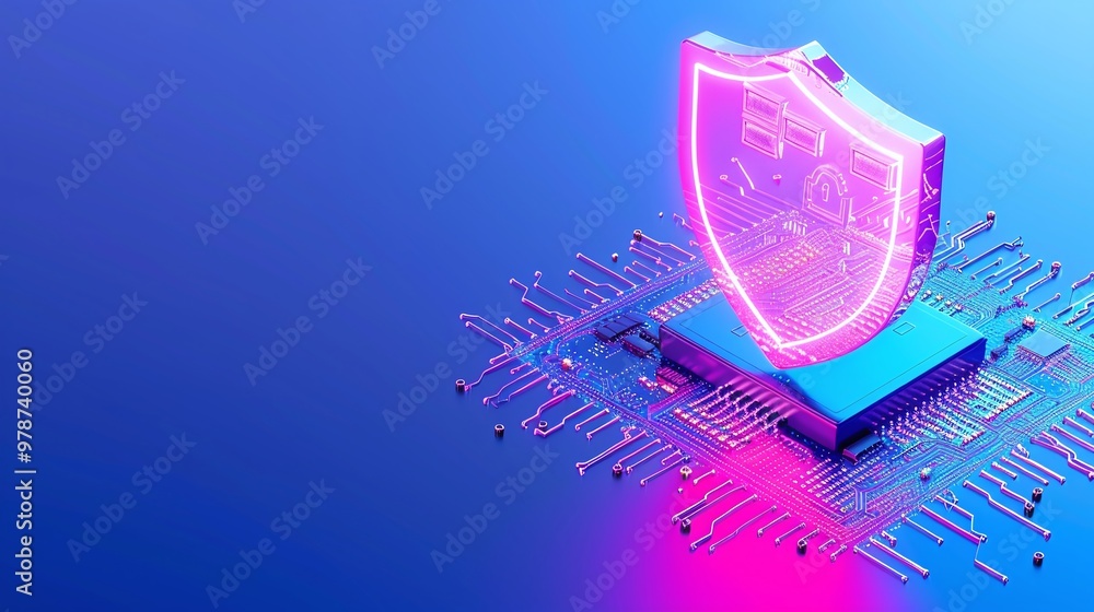 Poster futuristic shield symbolizing cybersecurity, glowing on a microchip, representing digital protection