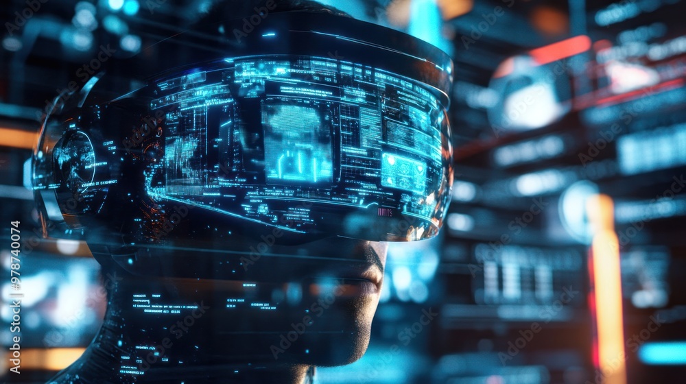 Poster a close-up of a vr interface, showing holographic controls and digital avatars in a virtual world