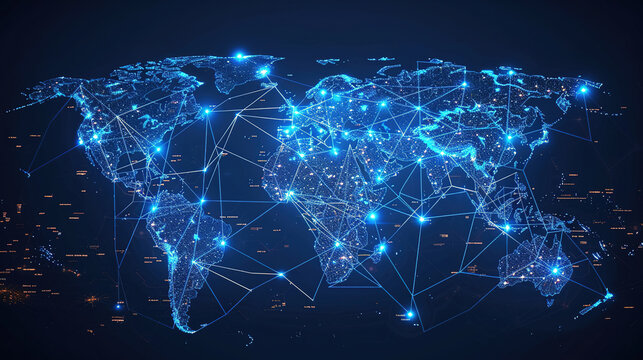 A world map with glowing connection, showcasing interconnected markets, diverse teams, and innovative strategies for growth and customer relationship management
