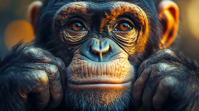 Close-up portrait of a chimpanzee with a thoughtful expression, resting its chin on its hands.
