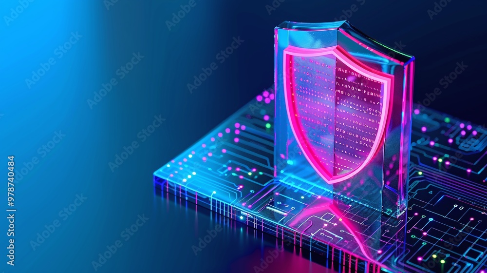 Poster futuristic shield symbolizing digital security with vibrant neon lights on a circuit board backgroun