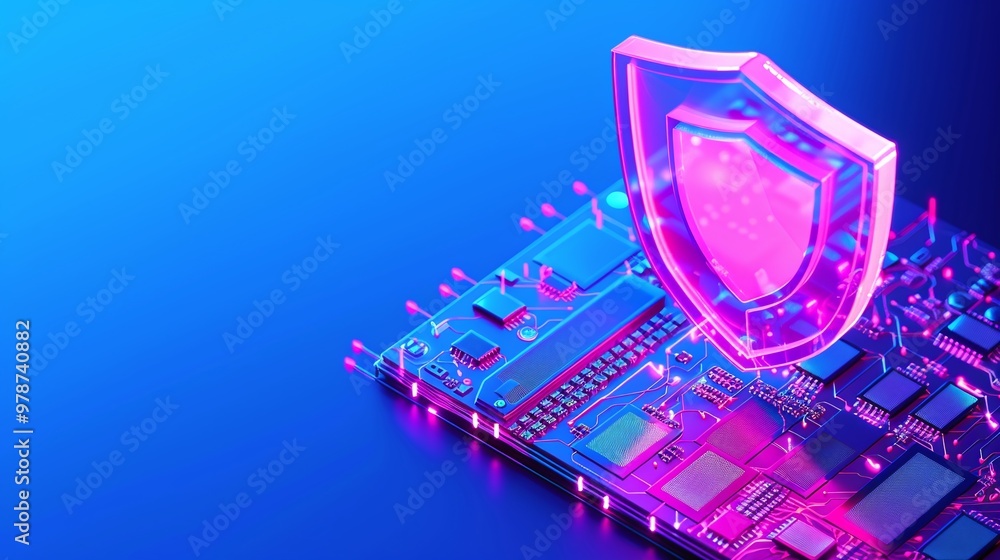 Poster futuristic technology concept featuring a protective shield on a microchip, symbolizing cybersecurit