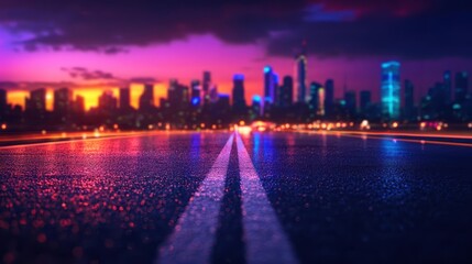 A vibrant city skyline at sunset reflected on a wet road, showcasing neon lights and colorful clouds in an urban landscape.