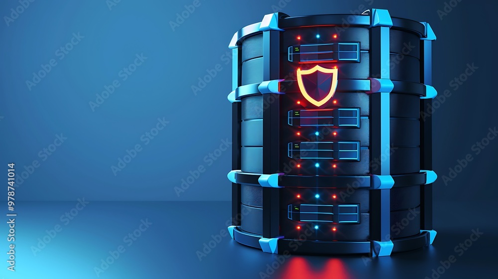 Poster high-tech data storage server with futuristic design, glowing lights, and security shield emblem, id