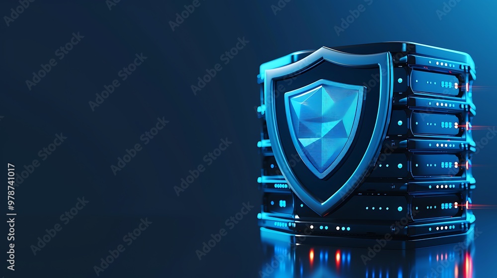 Poster high-tech data server with shield symbol, representing cybersecurity and data protection in a modern