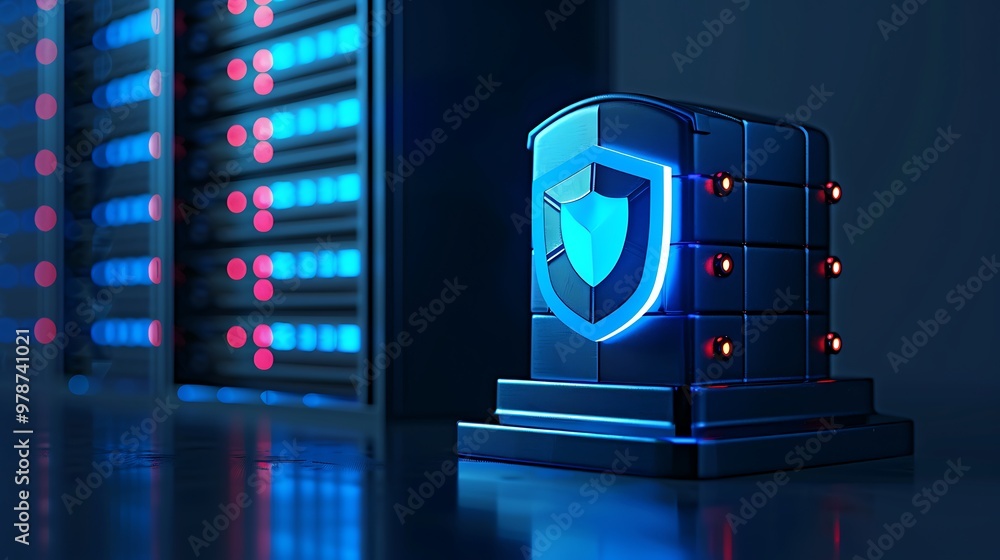 Poster high-tech data server with glowing shield symbol, representing cybersecurity and data protection in 