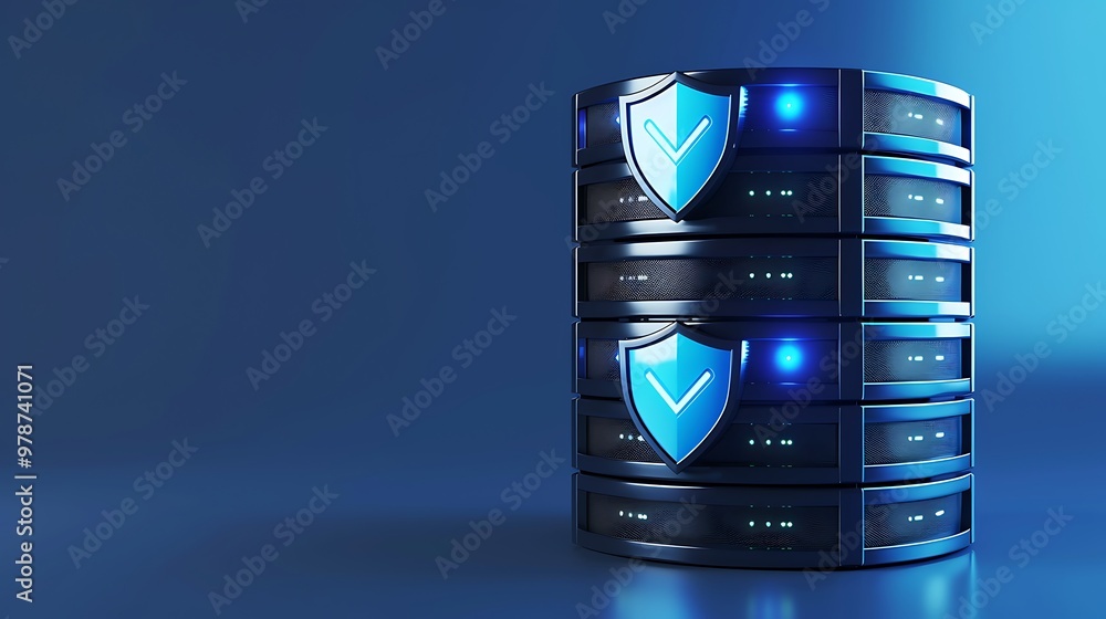 Poster high-tech data storage server with security shield, highlighting cybersecurity and data protection c