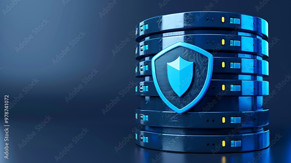 Poster high-tech data storage with a security shield, representing modern database management and cybersecu