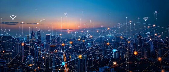 Fototapeta premium Urban Connectivity Network Wireless Technology Cityscape Evening | AI Generated
