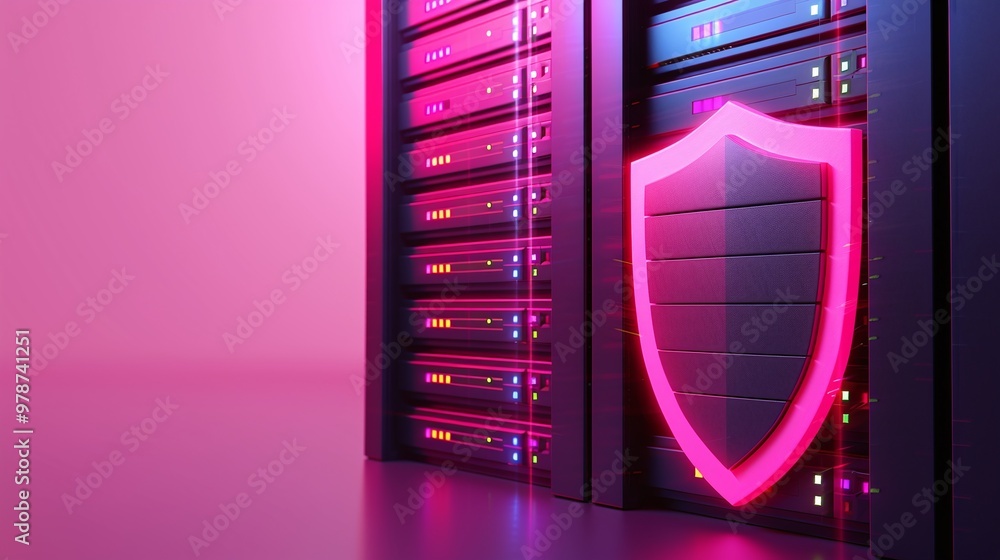Poster high-tech server room with neon lights and a glowing shield, symbolizing cybersecurity and data prot