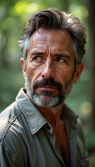 Obraz premium Contemplative middle-aged man standing in a forest