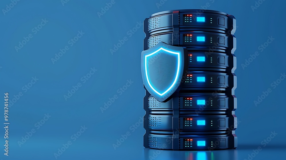 Poster high-tech server stack with security shield symbol, representing data protection and digital safety 