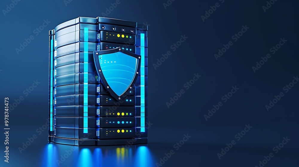 Poster high-tech server tower with digital shield, showcasing advanced cybersecurity and data protection te