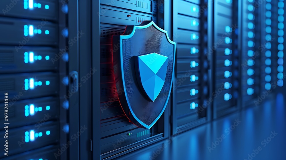 Poster high-tech server with a blue shield emblem representing data protection and cybersecurity technology