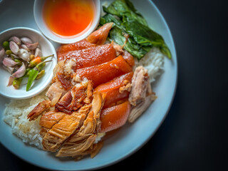 Braised pork leg with steamed rice ready to eat