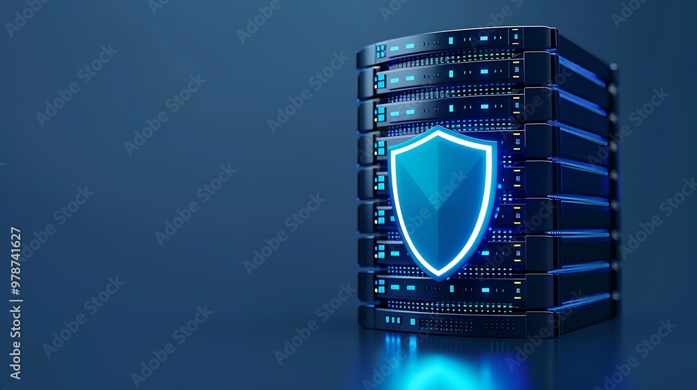Poster high-tech server with a glowing shield, symbolizing cybersecurity and data protection in a modern di