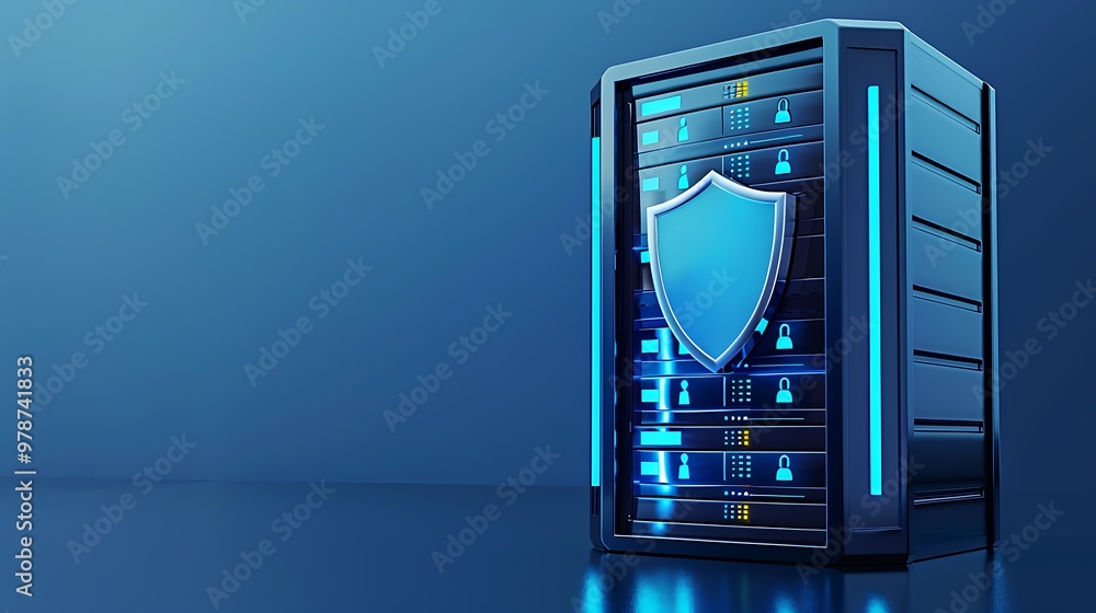 Poster high-tech server with a security shield, representing data protection and cybersecurity in a modern 