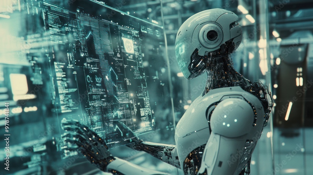 Poster a depiction of advanced ai technology, with robotic arms and digital interfaces processing informati