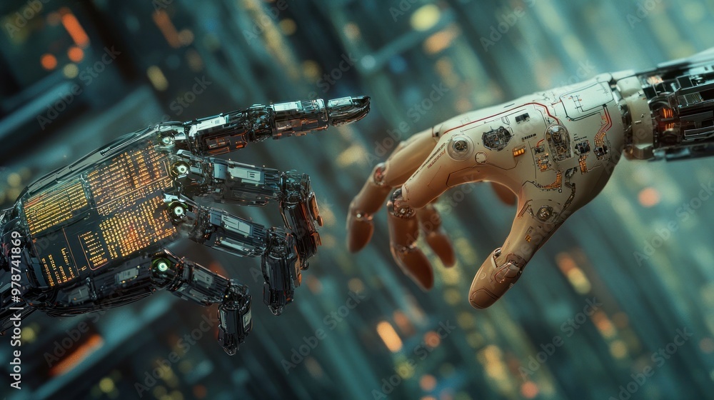Poster a depiction of advanced ai technology, with robotic arms and digital interfaces processing informati