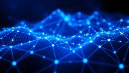 Obraz premium Digital network connection with blue nodes, represents technological advancement, digital networks, and connectivity