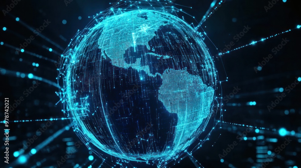 Poster a digital world concept showing a globe composed of digital connections and data streams illuminated