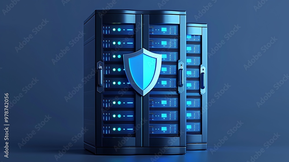 Poster high-tech server with blue illumination and a shield symbol, representing data security and protecti